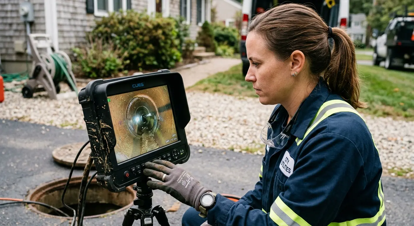 Technician reviewing sewer camera inspection footage in West Hempfield