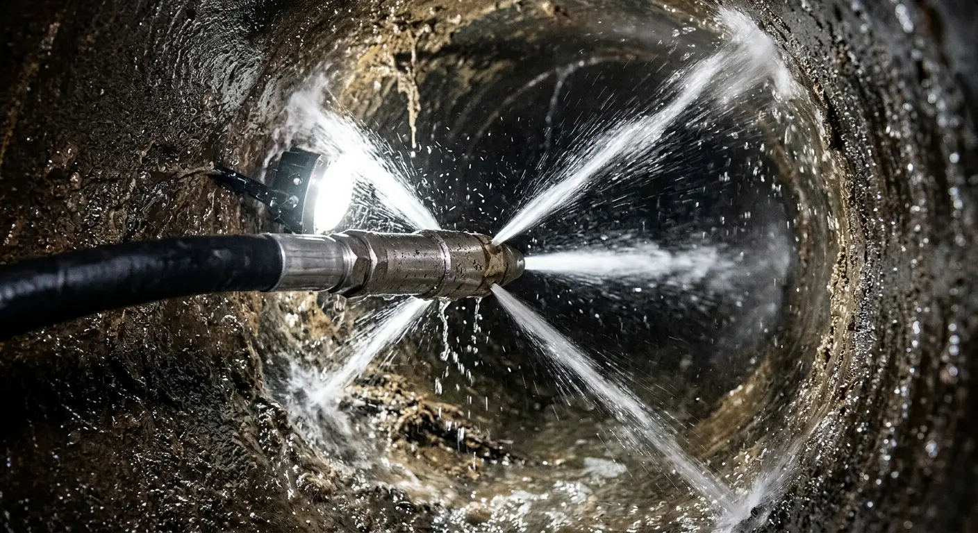 High-pressure hydro jetting nozzle cleaning sewer pipe for Sewer Cleanout in West Hempfield