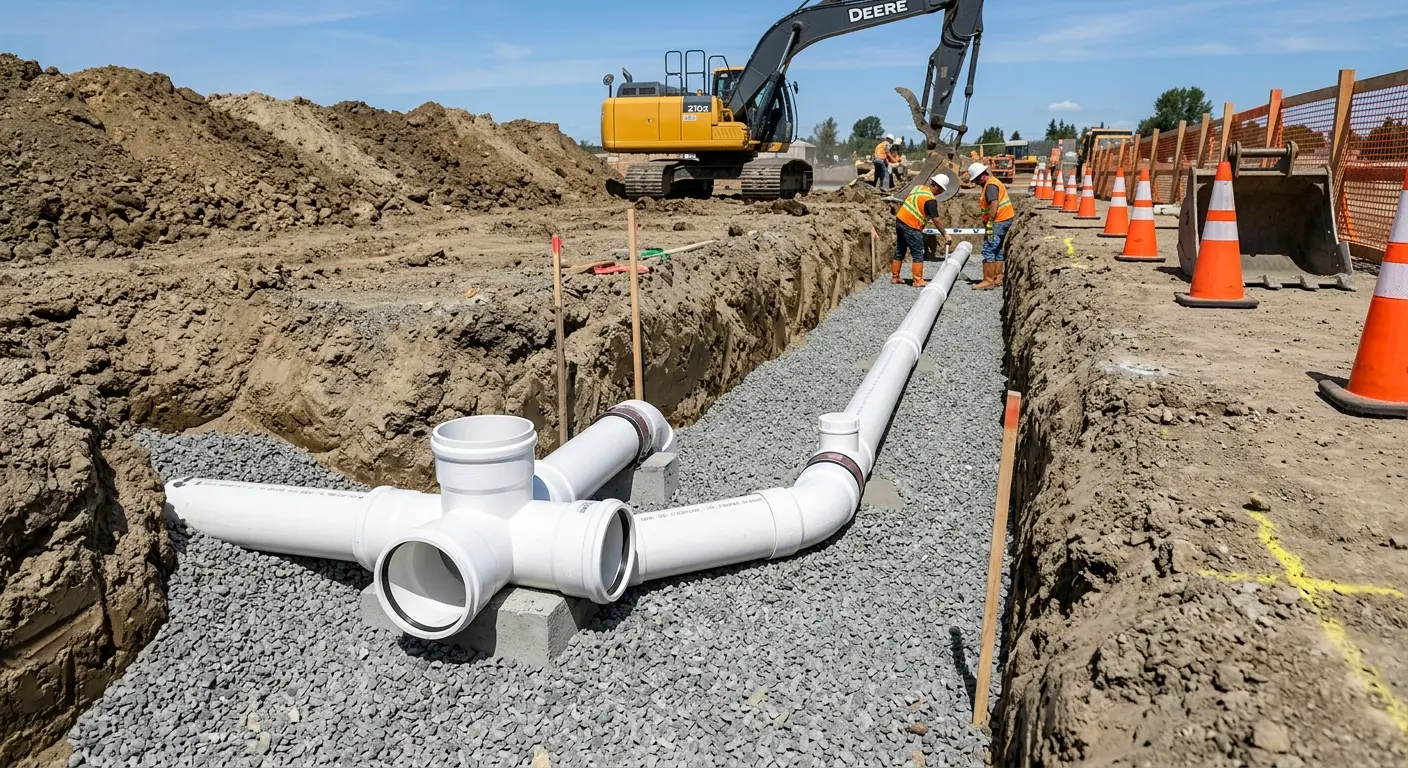 New PVC sewer pipe installation in open trench for Sewer Backup in West Hempfield