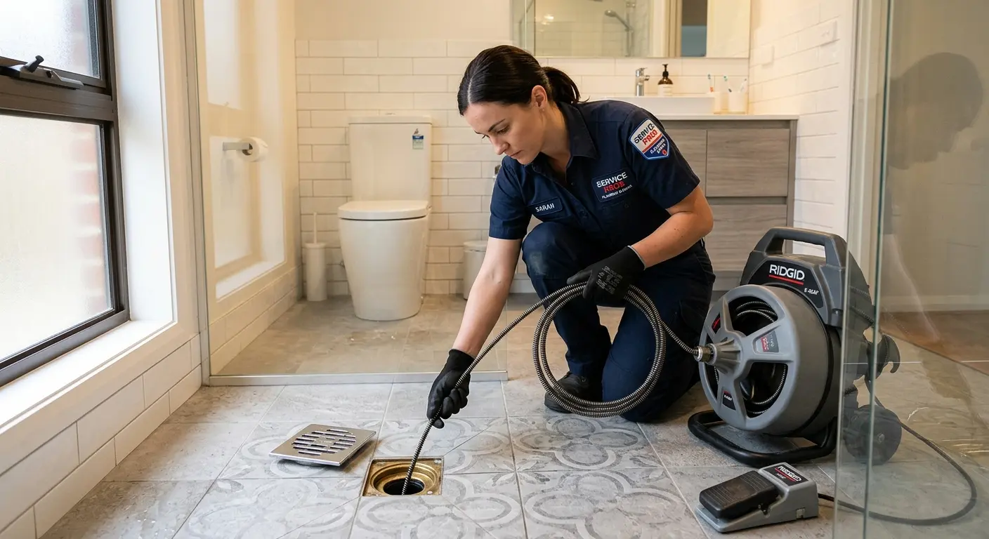 Technician clearing a bathroom floor drain for Drain Cleaning in West Hempfield